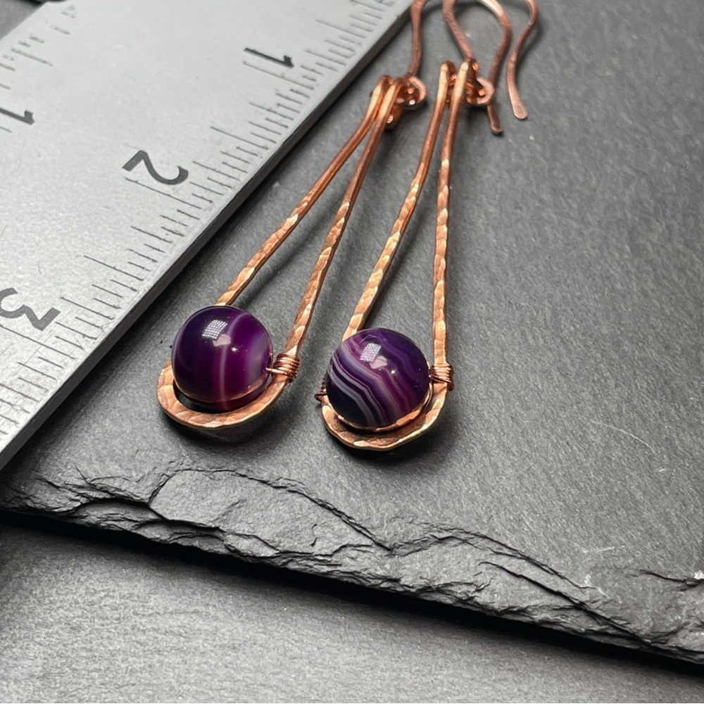 Purple Crazy Laced Agate Hammered Copper Dangle Earrings - Picture 10 of 11